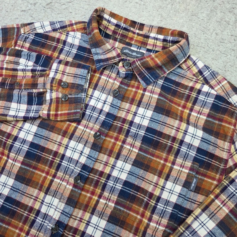 Eddie Bauer Flannel Shirt Mens XL Brown Plaid Long Sleeve Button Up Fall